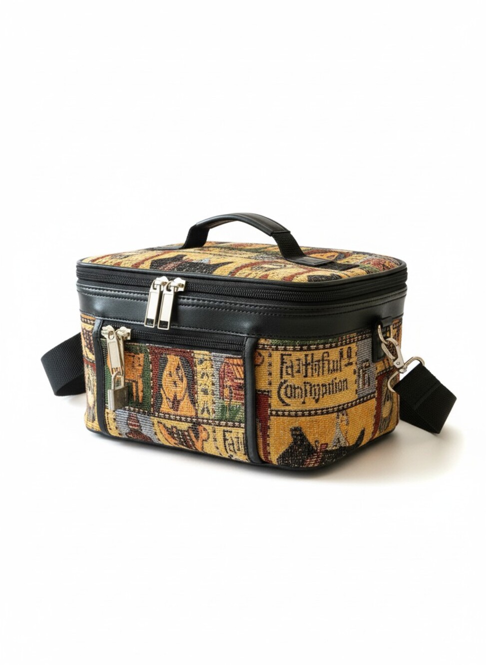 Vintage Tapestry Cat Train Case Lock Key Makeup Travel Zip Bag Kitschy Luggage